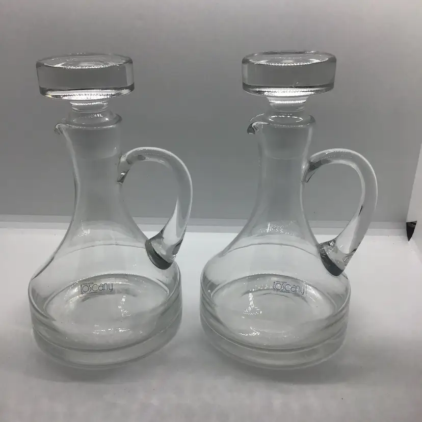 Vintage Handmade Clear Glass Oil And Vinegar Decanter Toscany Romania Cruet Set