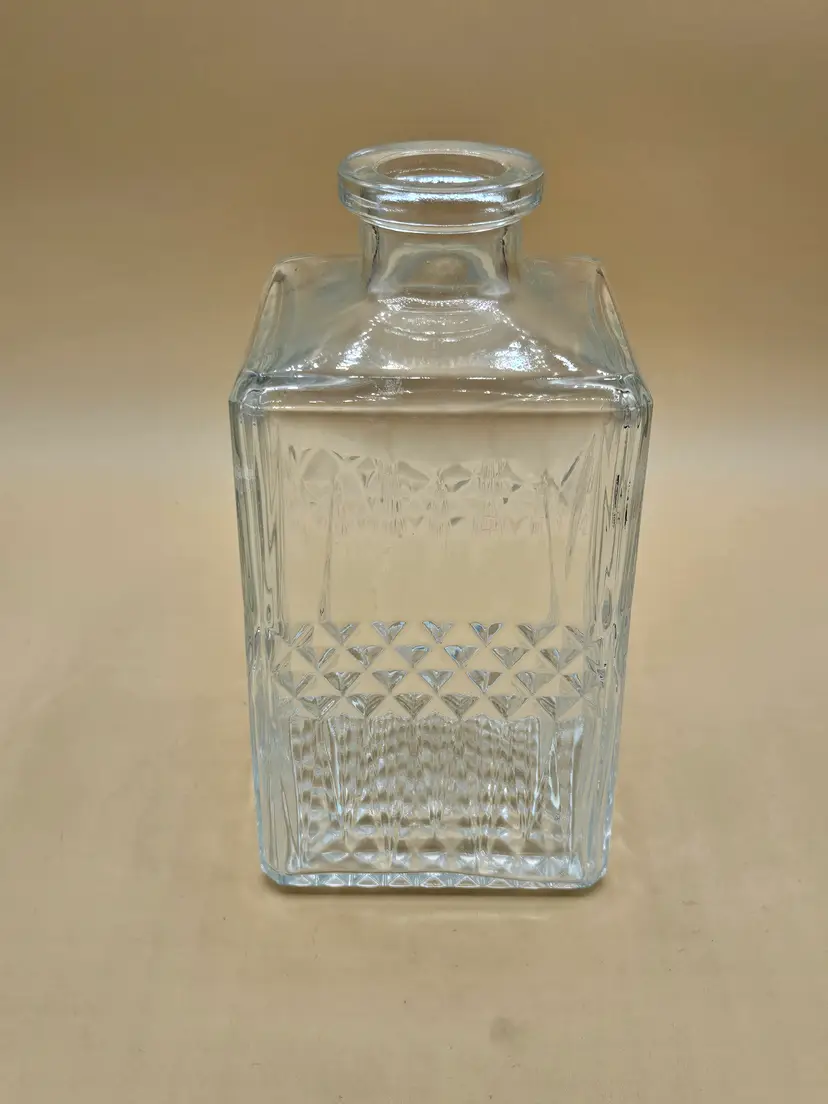 Clear Glass 7 5"H x 3.5" Square Decanter, No Stopper, Diamond Banded Design