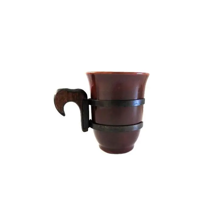 Vintage Brown Artisan Ceramic Small Mug Cup with Removable Iron and Wood Handle