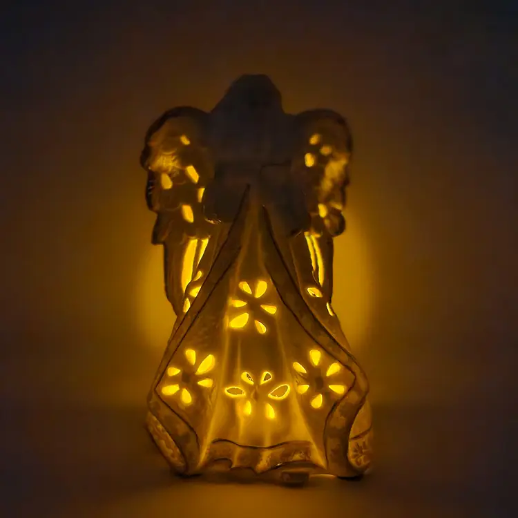 Vintage Victorian Inspired Ivory Angel Candle Holder Gold Trim Holding Trumpet