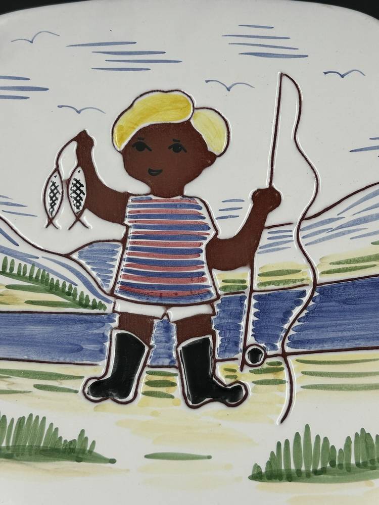 Vintage Norwegian, ceramic wall plaque Boy Fishing Norway