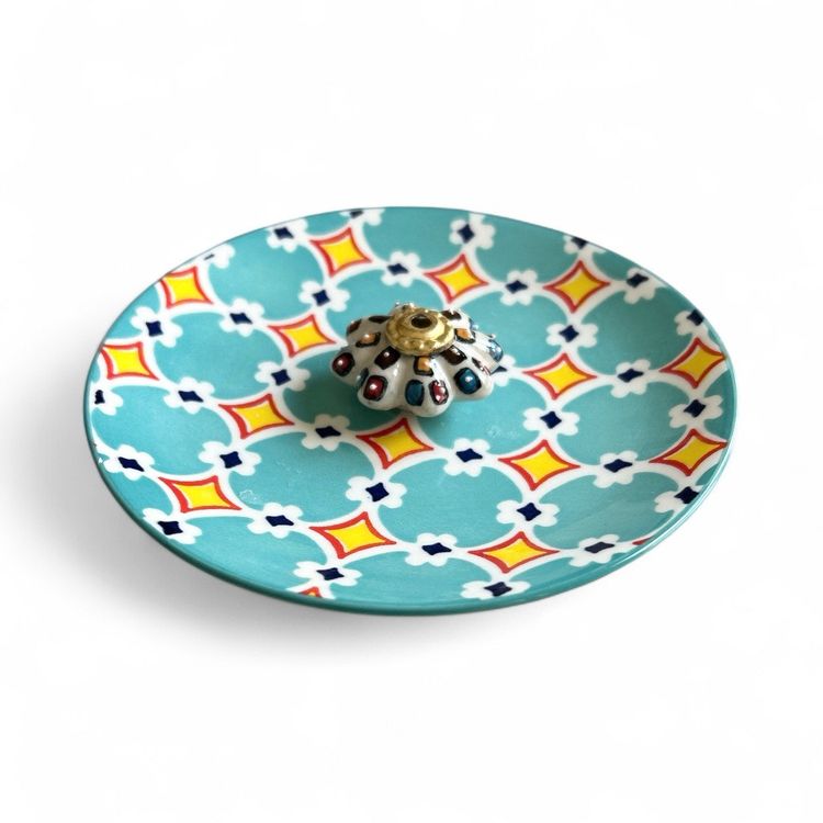 Certified International Teal And Yellow Trinket Dish With Decorative Knob