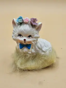 Napcoware Ceramic Cat Figurine with Flowers & Furry Base
