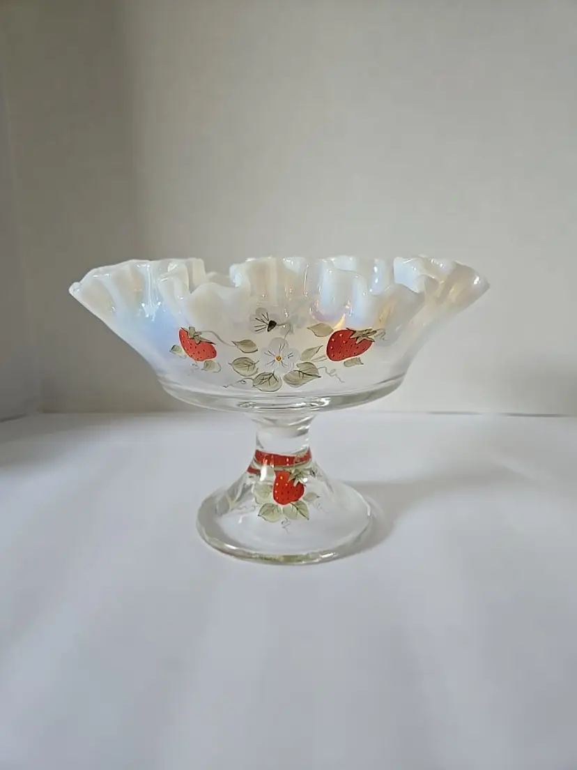Fenton Silvercrest Compote Bowl w/ Hand painted Strawberries