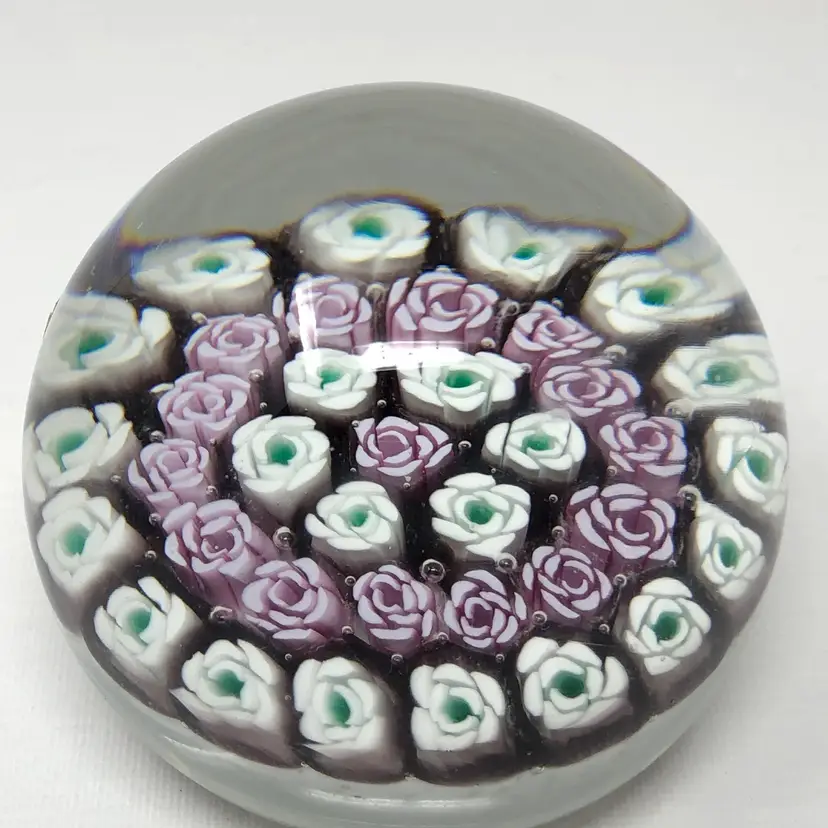 Fratelli Toso Murano Pink and White Rose Paperweight with KB Label