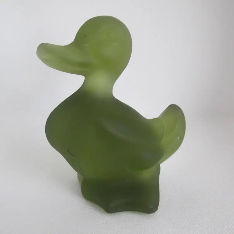 Fostoria olive green mist satin glass duck mid-century vintage artist signed VW