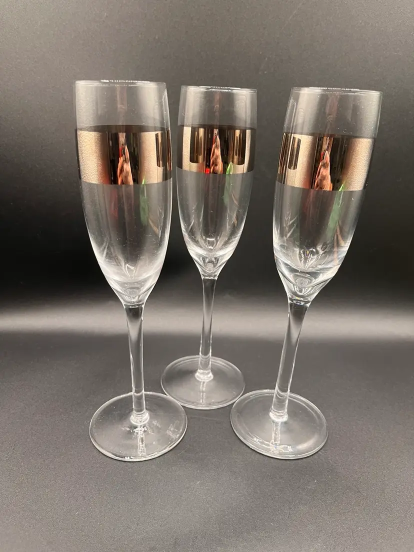 **Trio Of Discontinued Crate & Barrel Silver Banded Glass Champagne Flutes 9.25"