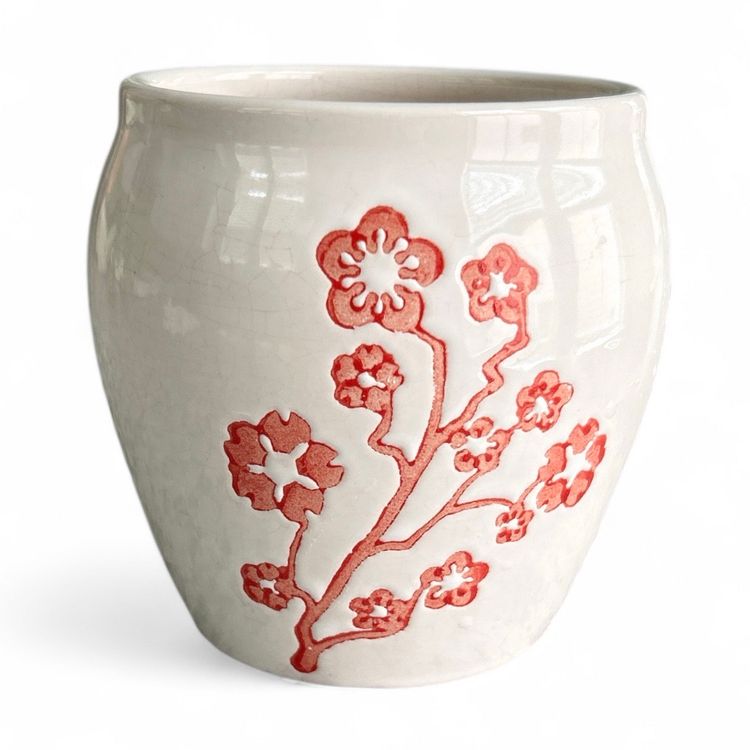 Vintage Red And White Ceramic Planter Or Vase With Flower Design