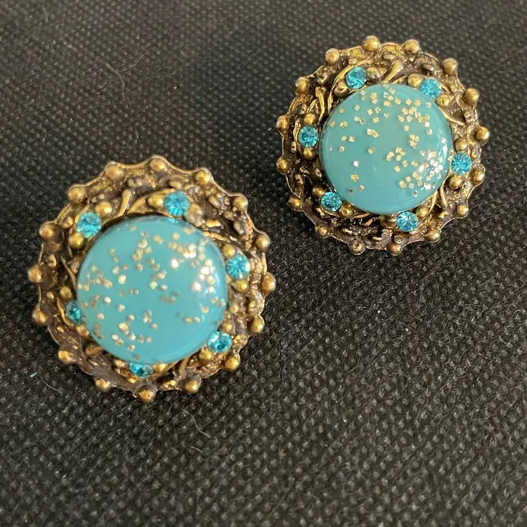 Vtg Blue Confetti Clip Earrings Crystal Rhinestone Gold Textured Glitter Dome