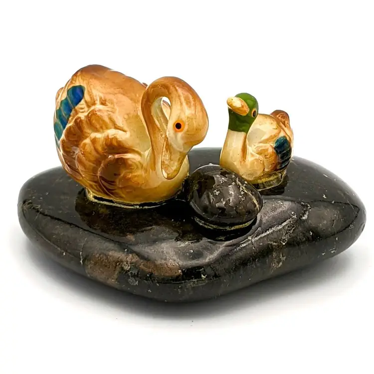 Vtg Bone China Duck and Duckling Miniature Figurine Black Polished Stone Japan