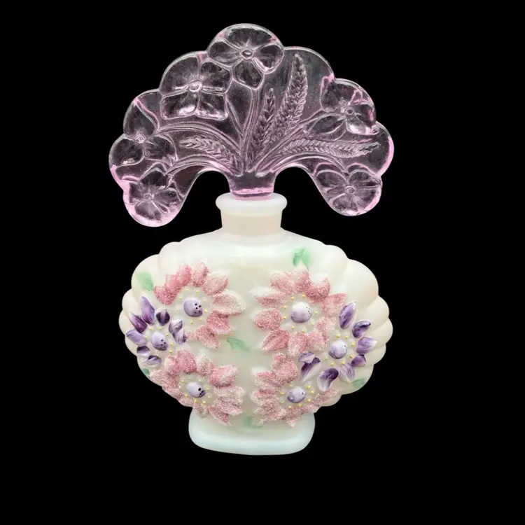 BIN - Fenton New Century XXI Collection Perfume Bottle White Satin Glass With Pink Lavender Stopper Signed