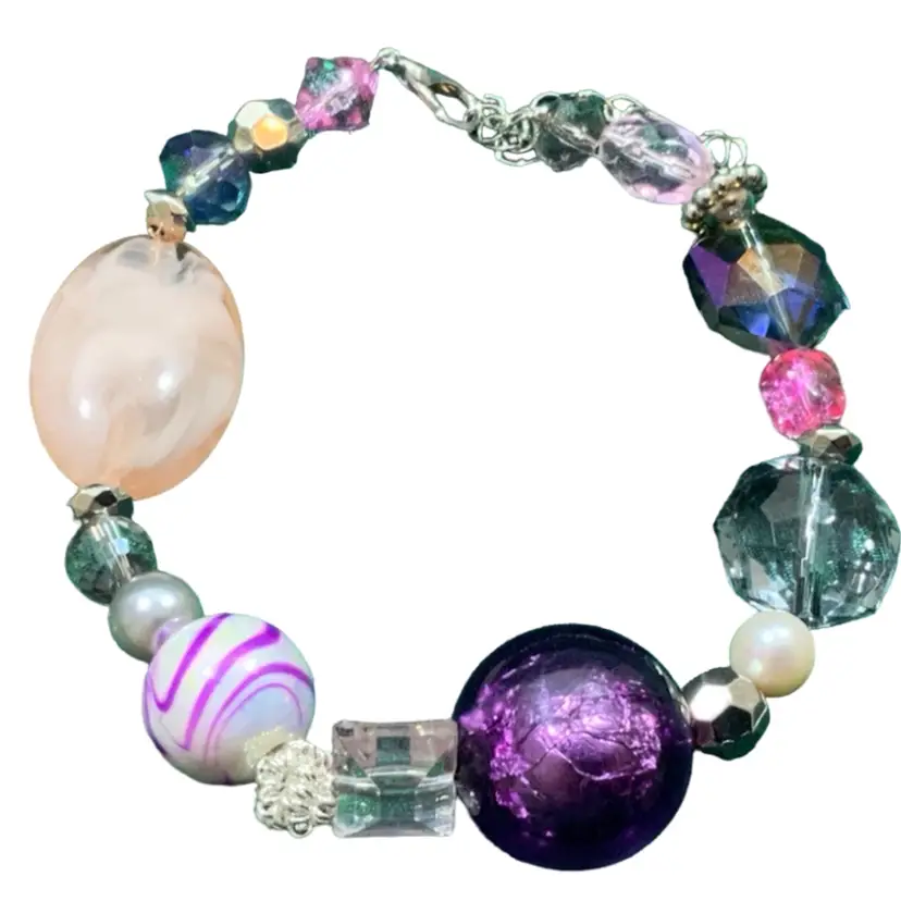 One Of A Kind Handmade Bracelet Fresh Water Pearl Purple Glass White Sea Shell White And Purple Stripe Silver Tone And Clear Glass And Acrylic Beads Made By Me