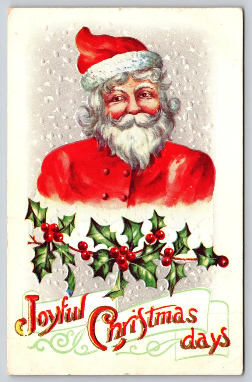 Postcard Joyful Christmas Days Red Santa Claus Embossed Falling Winter Snow - 14613