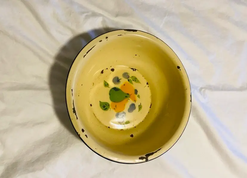 Rustic Yellow Enamel Bowl with Fruit Pattern Farmhouse CottageCore Vintage Shabby Chic Retro