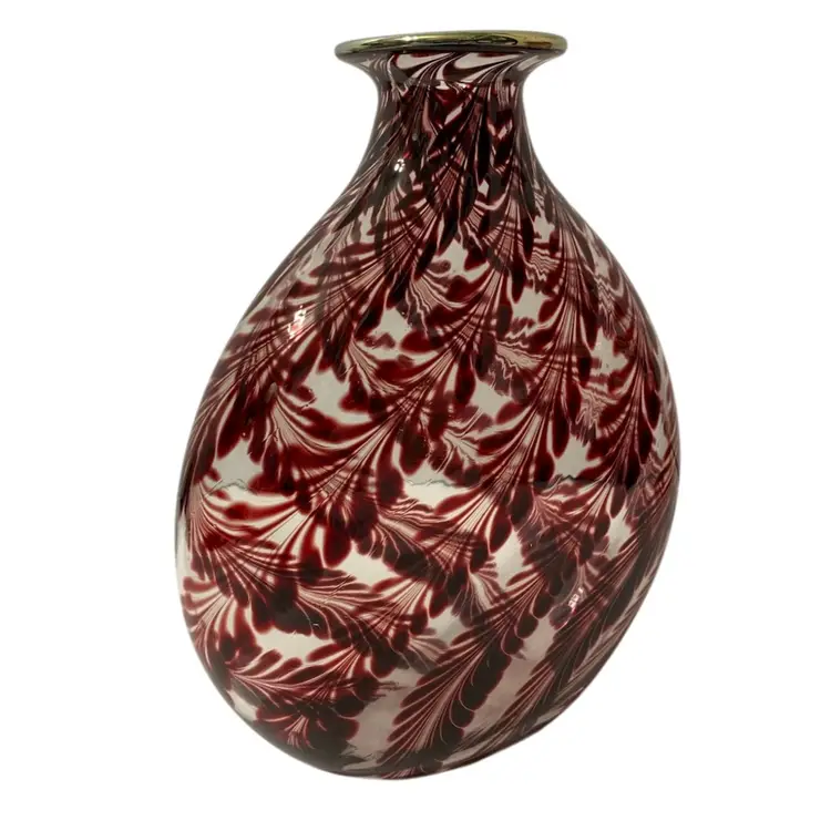 Gorgeous 9” Red on Clear Steve Correia Art Glass Pulled Feather Fern Vase