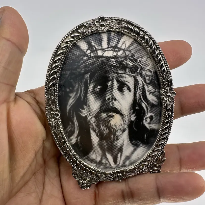 Miniature Silver Toned Frame With Black & White Jesus Print
