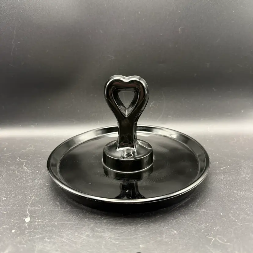 Vintage L.E. Smith Black Amethyst Glass Tidbit Tray With A Heart Handle - 6 In