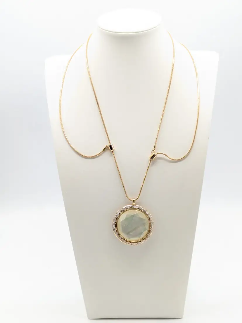 Gold Tone Mother of Pearl Mandala Design Reversible Pendant Necklace