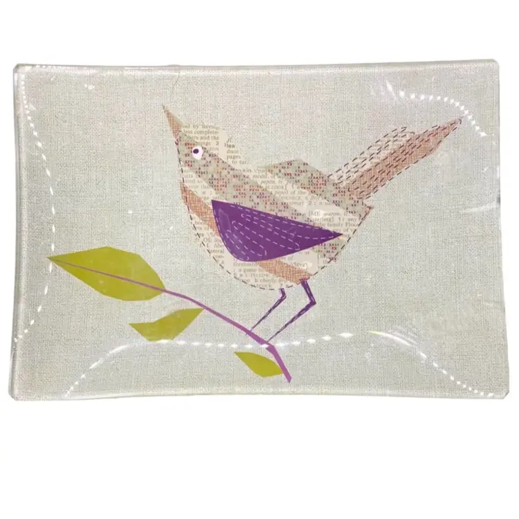Green, Purple and Red Bird Decoupage Glass Trinket Tray, with dictionary text