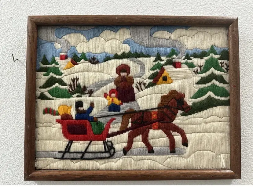 Vintage Crewel Creative Circle 1980 Winter Sleigh Scene Needlework Equestrian