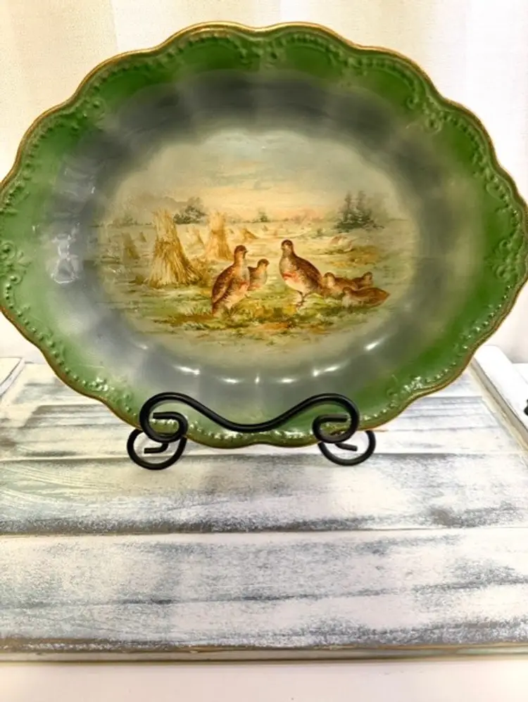 Antique French Porcelain Limoges Platter Quail Scene Green with Gold Trim