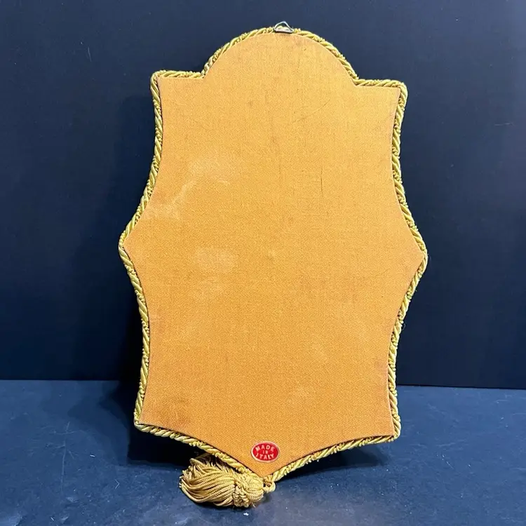 Italian Capodimonte Floral Wall Plaque Gold Crushed Velvet Porcelain Flowers ~9.75” x 6.5” x 2” (with tassel 12.75”)