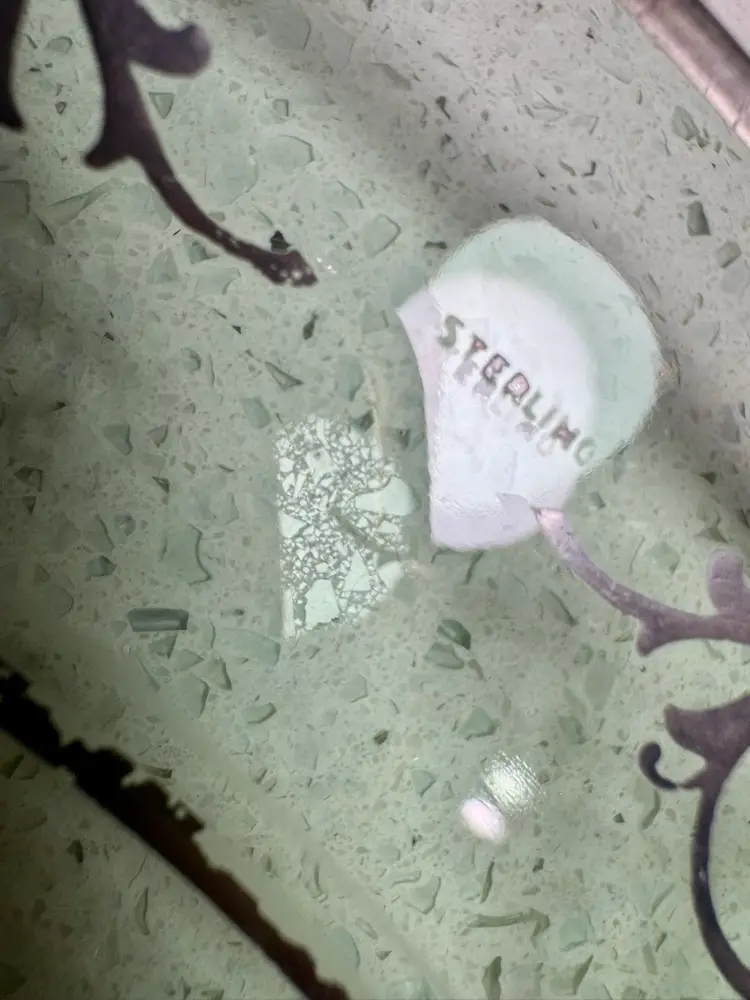 Vintage Fostoria Fairfax green glass sandwich server with a Fleur-de-Lis handle, featuring the Vernon etching and real silver trim and details 12” Wide please see Sterling Silver signature on plate in image