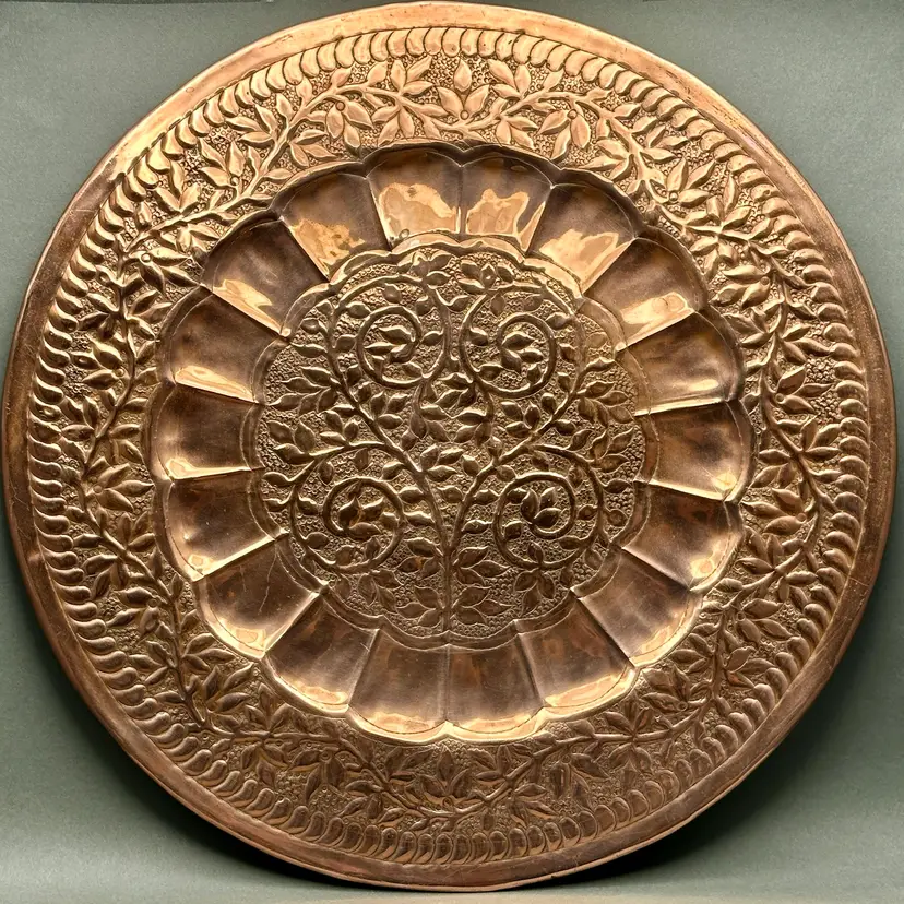 Vintage Mid 20th Century Turkish Hand Hammered Copper Tray With Floral Vine Tree of Life Repoussé