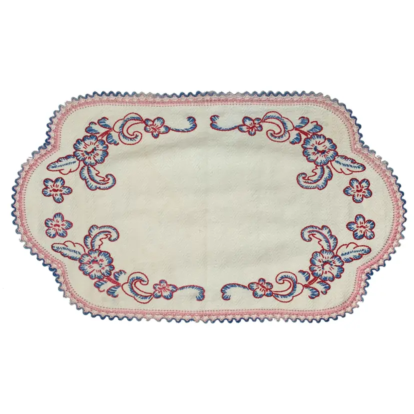 Embroidered Floral Dresser Scarf Table Runner Crochet Lace Cottage Core Granny 12x20 Vintage