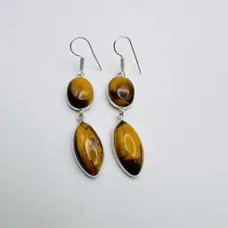 Handcrafted 2-Stone Tiger Eye Jasper Earrings in Sterling Silver Finish