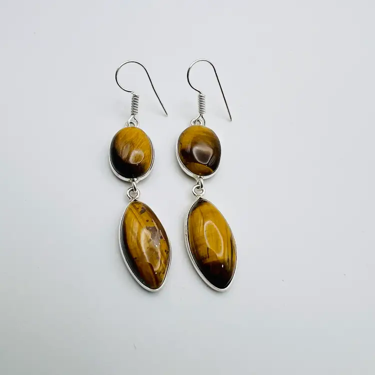 Handcrafted 2-Stone Tiger Eye Jasper Earrings in Sterling Silver Finish