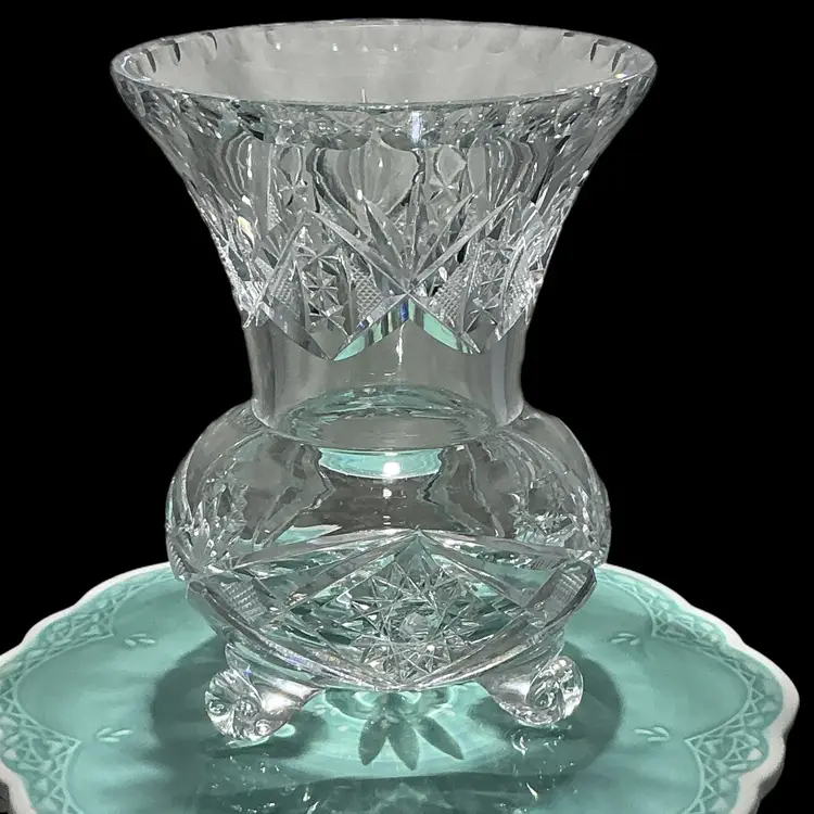 Vintage Cut Crystal Vase w Applied Feet • Hand Cut Crystal Bowl Vase