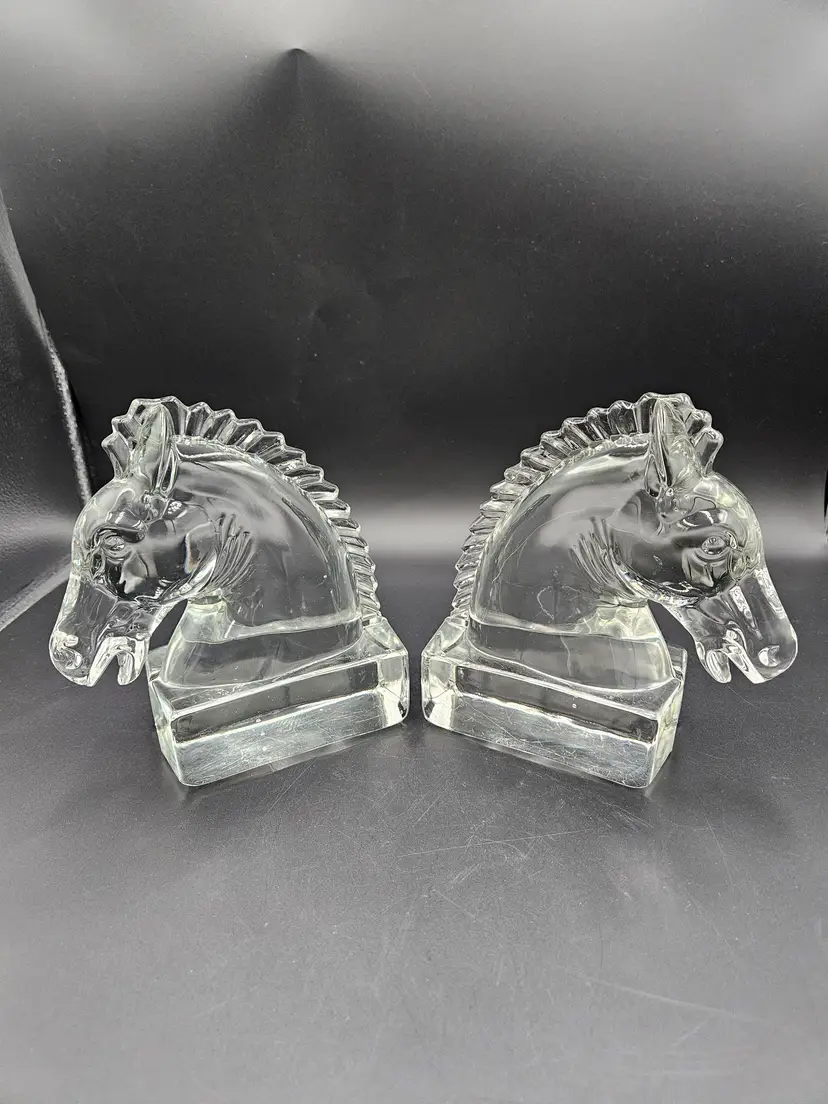 Heisey Clear Glass Horse Head Bookends
