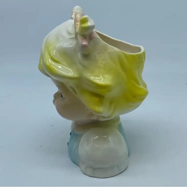 #5001 Taiwanese ceramic Head Vase planter depicting a young girl with pigtails. Kitsch