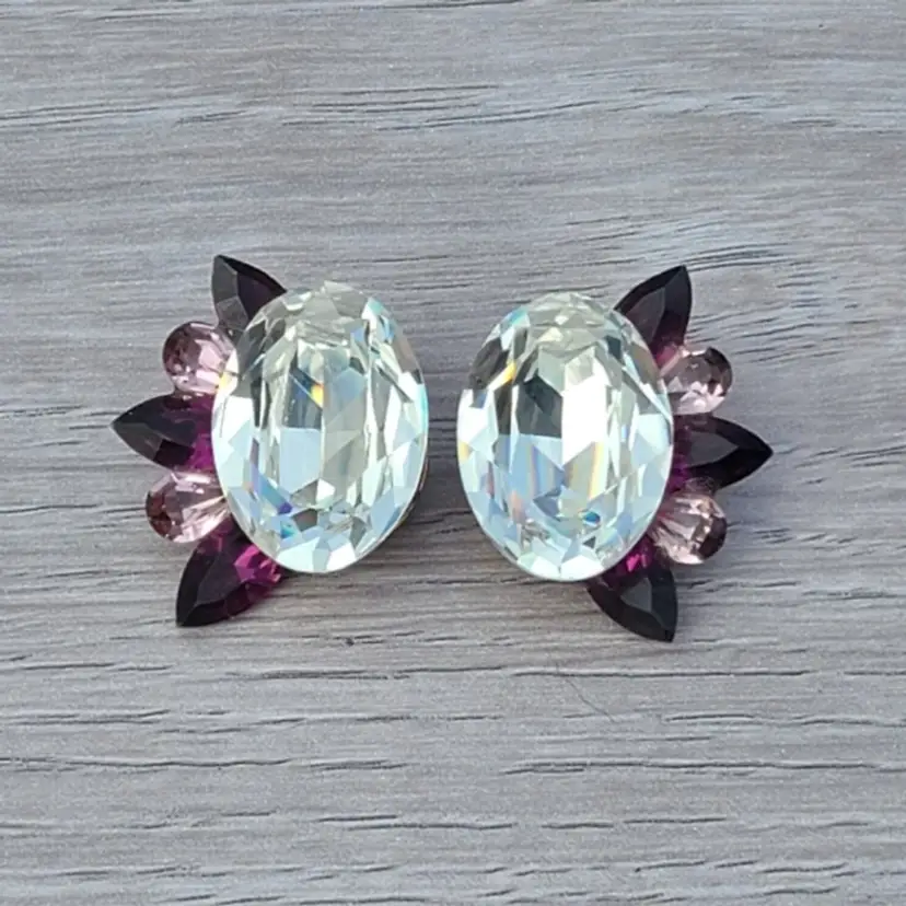 Wendy Gell Clear Round Purple Pink Rhinestones Clip on Earrings 80's