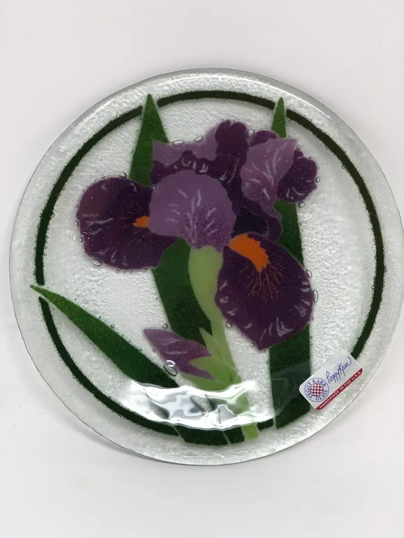 Peggy Karr Glass 8" Rainbow Iris Fused Glass Plate in Original Box with Label and Package Insert