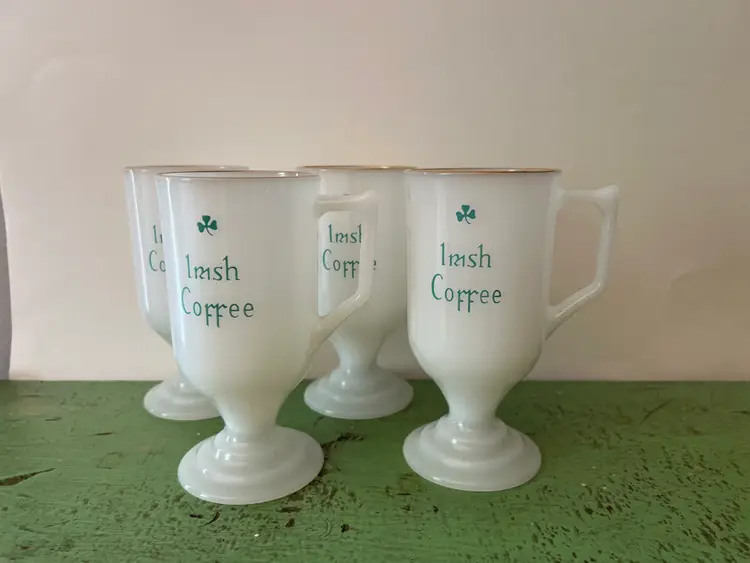 Vintage Irish Coffee Milk Glass Mugs Footed Pedestal Shamrocks Gold Rim Lot of 4