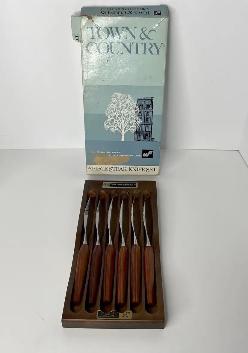 VTG MCM Town & Country Washington Forge Fleetwood Stainless Steak Knives & Box