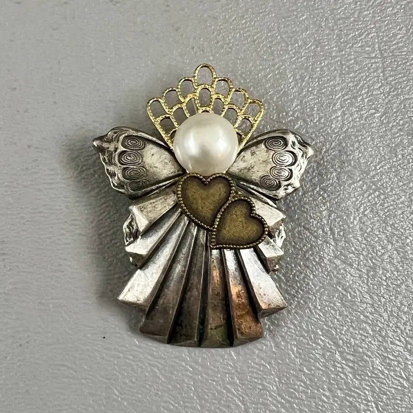 Ten Thousand Angels Brooch Pin Silver & Gold Tone Faux Perl Hearts 2"