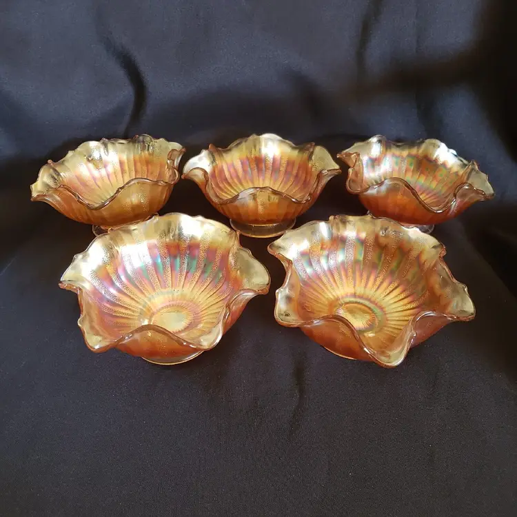 Imperial Carnival Glass Iridescent Marigold Pedestal Dessert Bowls set of 5 Vintage