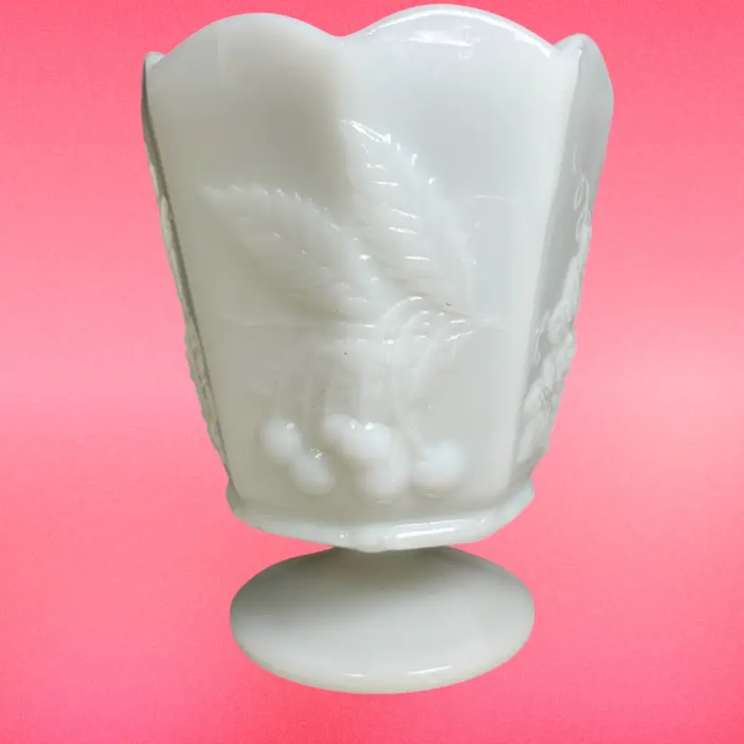 Napco-Vintage Paneled Milk Glass w/ Cherries, Grapes & Leaf Pattern With Pedestal