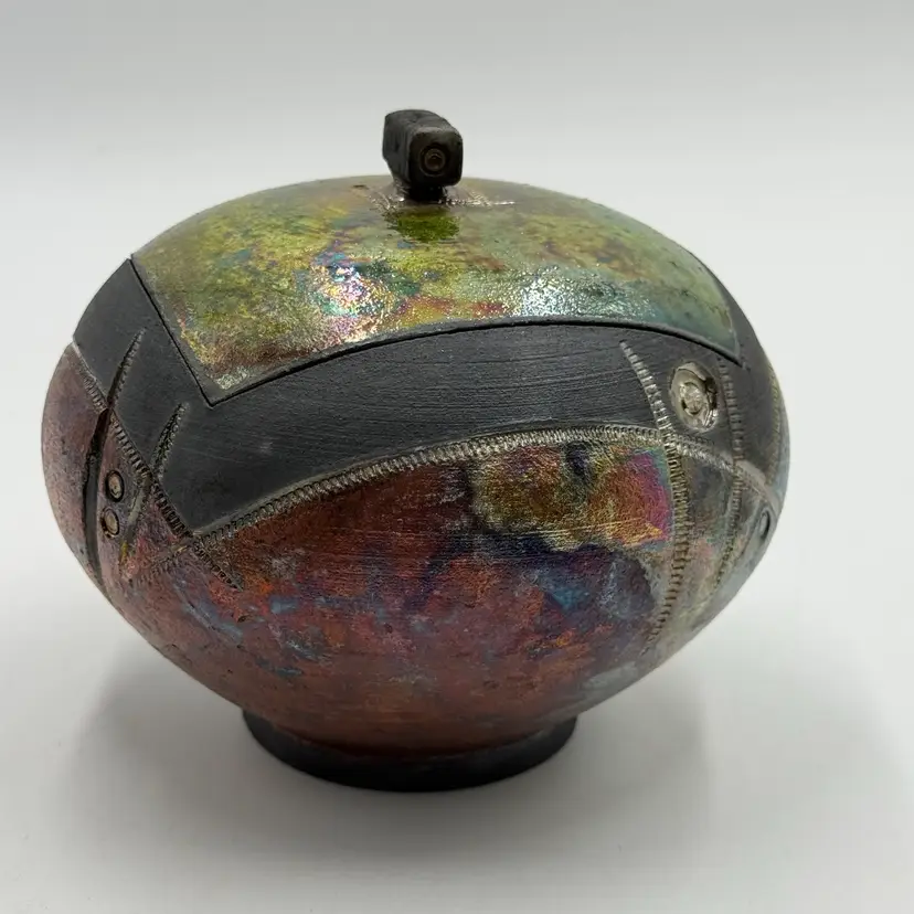 Studio Art Raku Pottery Iridescent Lidded Bowl Vessel Signed Tanya Tyree 2007