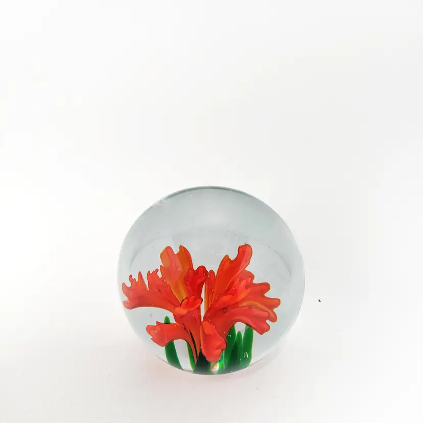 Vintage Art Glass Paperweight Red Flower Chrysanthemum? Floral MCM Decor. Beautiful item!