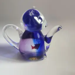 Dynasty Gallery Cat With Fish Teapot Paperweight 4in