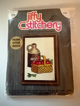 Vintage Stitchery Kit-Cider. Cider Jug Along With A Basket Of Apples.