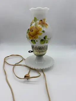 Vintage Milk Glass Hobnail Hand Painted Yellow Flowers Electric Hurricane Lamp