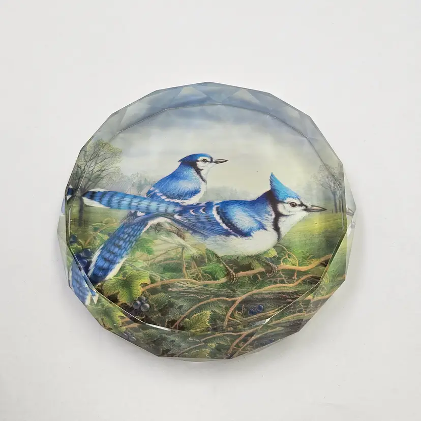 Faceted Crystal Glass & Blue Jays Birds Paperweight