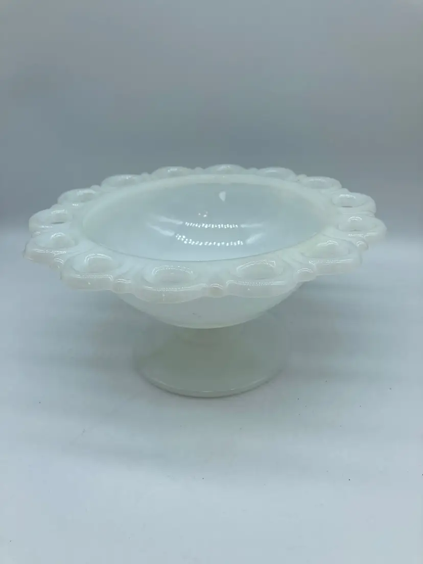 Vintage Anchor Hocking Old Colony Lace Edge Milk Glass Pedestal Compote/Candy