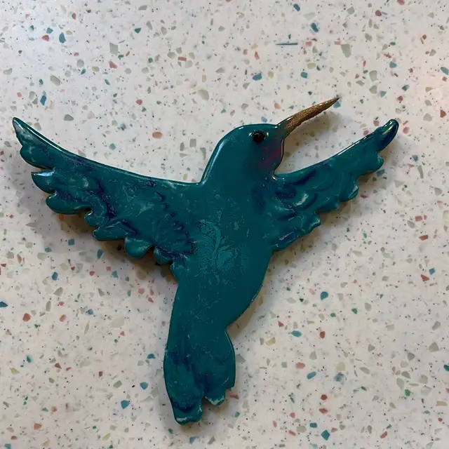 Hummingbird Cut Out If MDF And Painted With Acrylic, Mica And Epoxy; 8”x8”x1”
