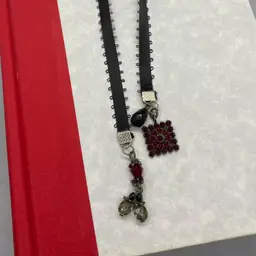 Black Satin Picot Ribbon Garnet Red Gray Bead Dangle Charms Bookmark 10.5"